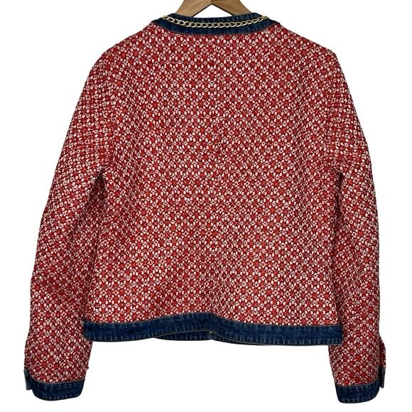Boston Proper Jacket NWT Red Tweed Denim Trim Gold Chain Buttons Size 12 - Picture 2 of 15